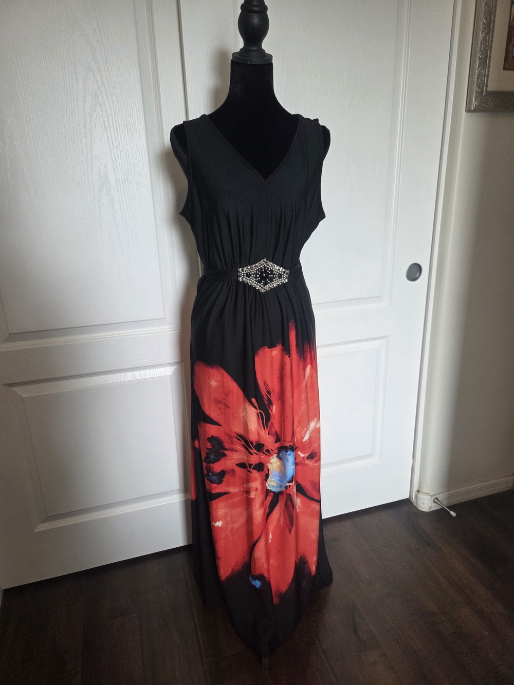 Nina Leonard Black Maxi Dress with Red Floral Print and Crystal Waist Accent